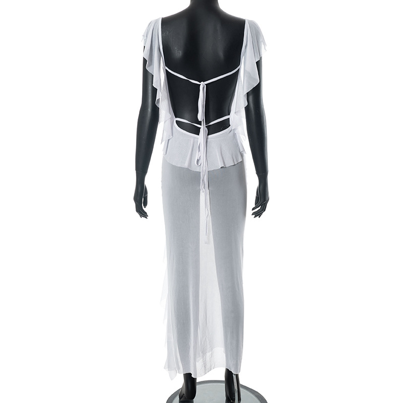 Sexy Backless Mesh Micro Transparent Tied Spaghetti Strap Dress Women Dress Summer
