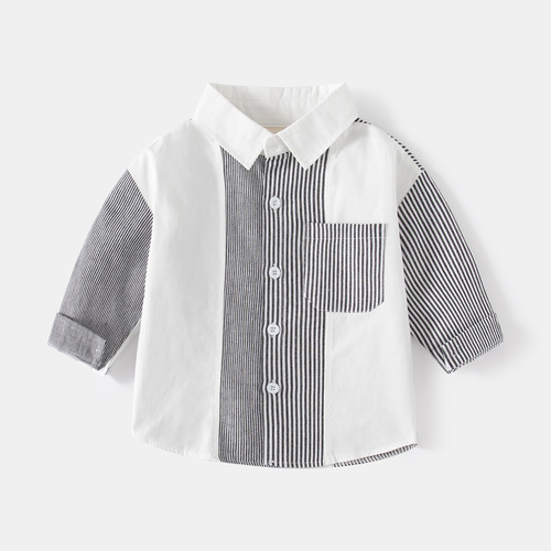Spring Children's Color Block Casual Shirt, Collared Cool Long-Sleeved Shirt, Grey Striped Boys' Fashion Shirt