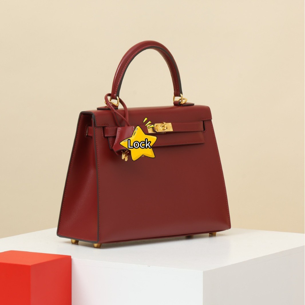 纯手工凯莉包法国原厂Box皮酒红色金扣手提女包单肩斜挎包