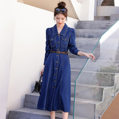 2025 Spring/Summer New Korean-Style Mid-Length Waist-Slimming Elegant A-Line Skirt, Slimming Shirt, Denim Dress for Women