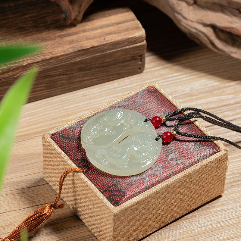Mặt dây chuyền ngọc Hòa Điền khắc rồng phượng phong cách Trung Hoa mới, dây chuyền xương đòn cao cấp