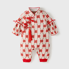 嬰兒連體衣拜年服春季紅色針織國風爬服女寶寶哈衣新生兒春裝衣服