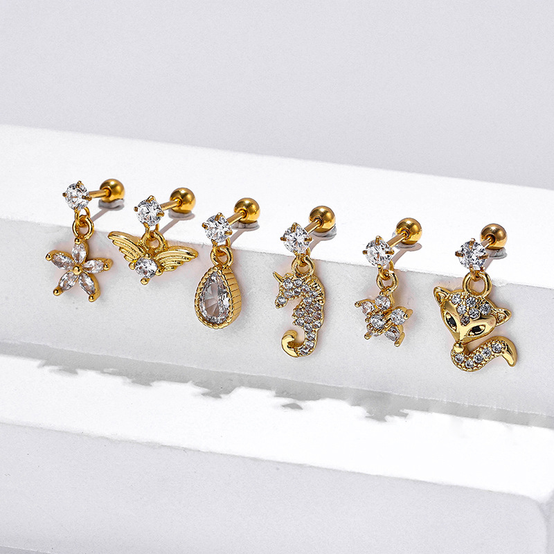 316L Stainless Steel Material 1 Piece Stainless Steel Zircon Ear Cartilage Rings & Studs Animal Plating Inlay 18K Real Gold Plated Unisex