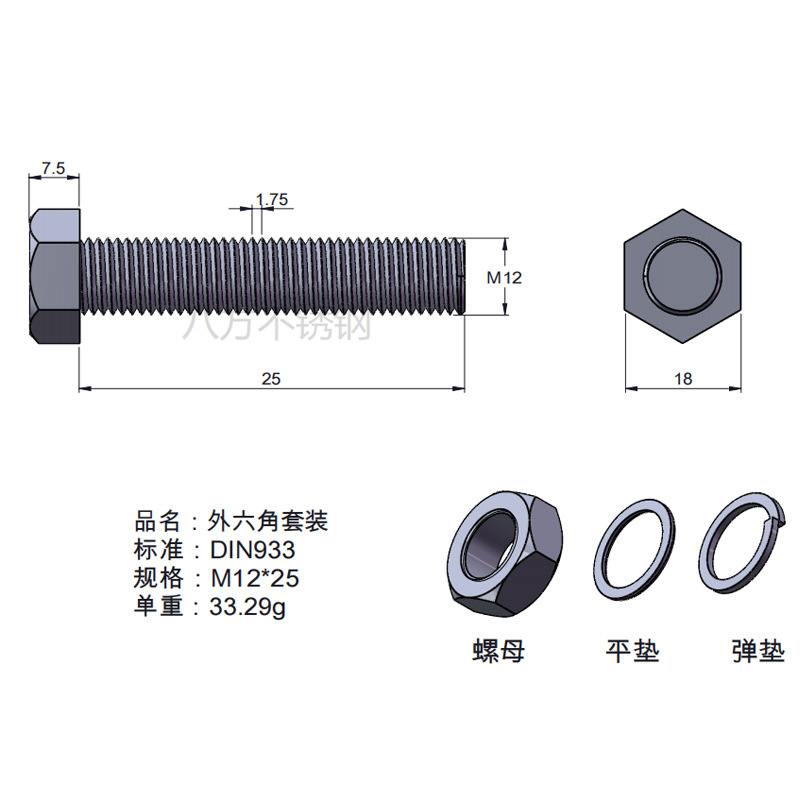 Tuerca de tornillo 304 acero inoxidable hexagonal conjunto de alta resistencia con almohadilla perno de tornillo antideslizante M3M4M5M6M12