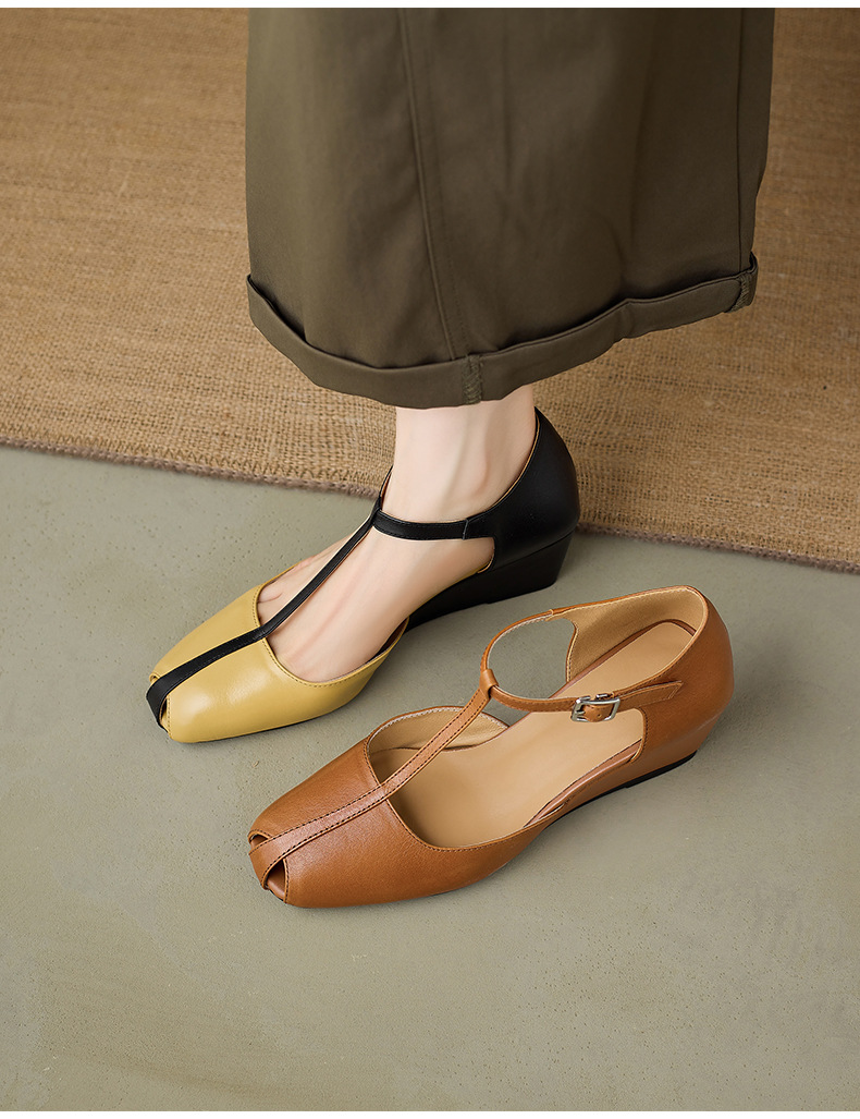 Sandal nữ cao gót phong cách Pháp cổ điển, quai chữ T, gót xuồng, mũi hở — màu nâu chi tiết 3