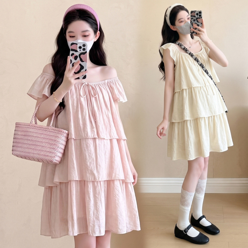 2026 Summer Off-Shoulder Two-Way Wear Maternity Cake Dress Korean Style Sweet Loose Belly-Covering Flutter Sleeve Maternity Dress 2026 Summer Off-Shoulder Two-Way Wear Maternity Cake Dress Korean Style Sweet Loose Belly-Covering Flutter Sleeve Maternity Dress