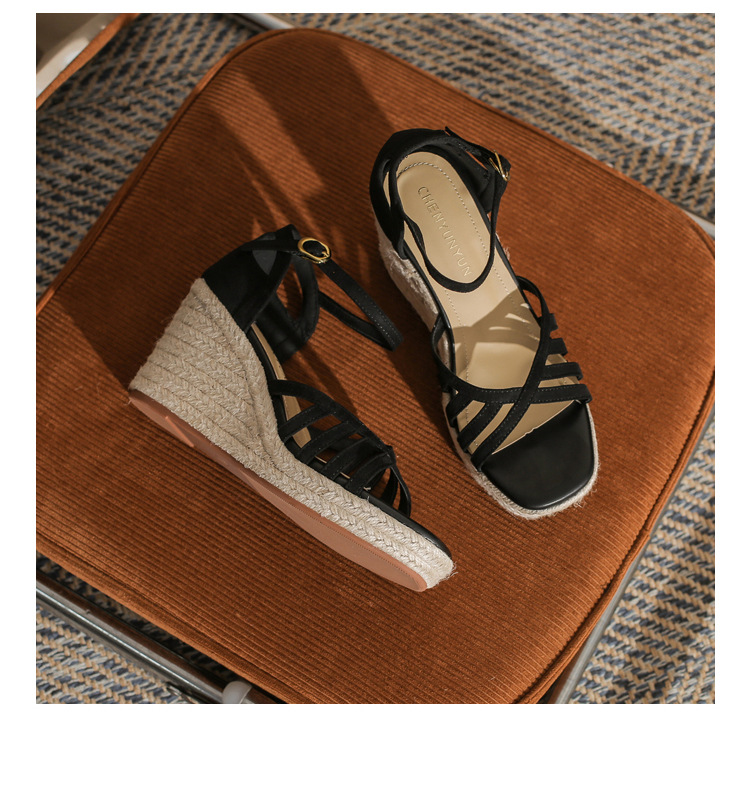 Sandal cao gót nữ hở mũi đế xuồng bọc dây thừng gót 9 cm — màu đen chi tiết 23