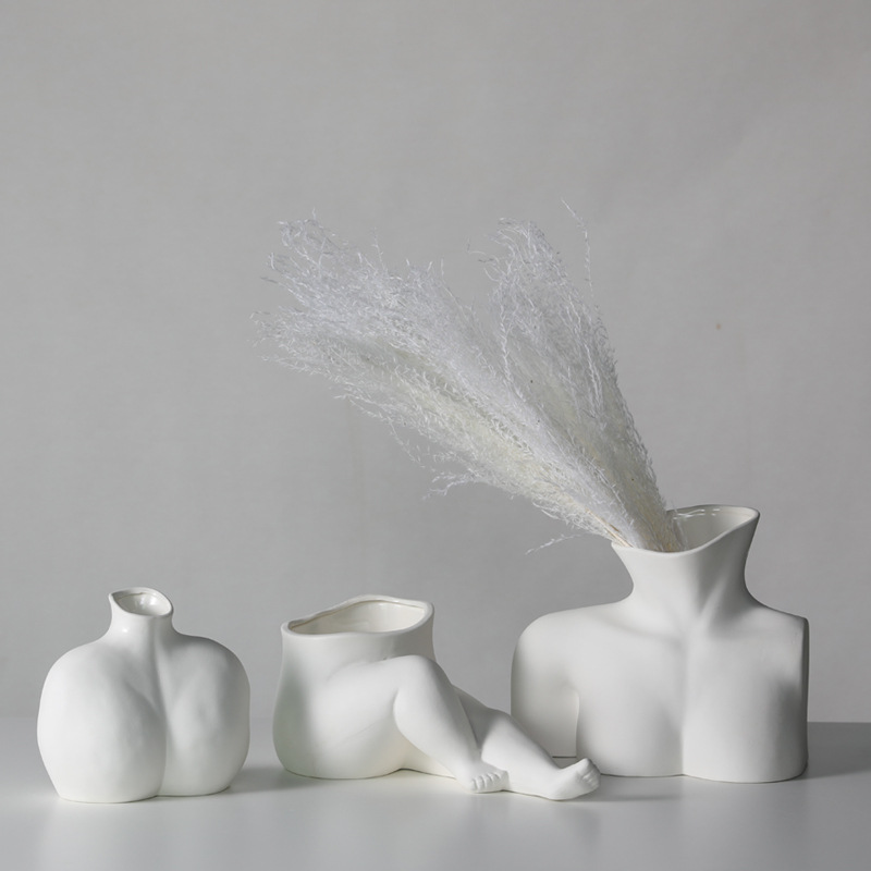 Nórdico liso de cerámica florero blanco decoración cuerpo Arte Abstracto decoración del hogar Decoración suave arreglo floral