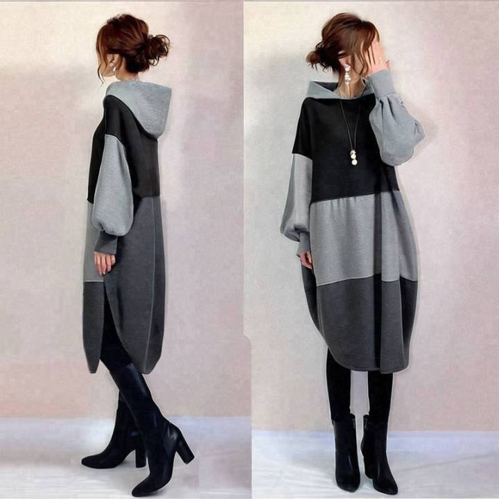 In-Stock Japanese Style 2026 Spring New Hooded Slit Color-Block Sweatshirt Dress
