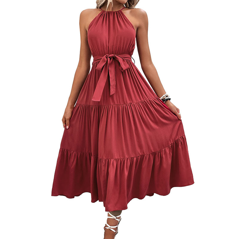 Women's backless collar solid color dress women's long._voghion.com