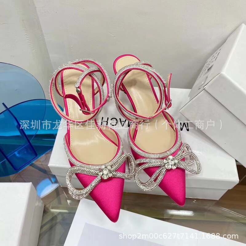 Mm Rhinestone Bow High-Heeled Sandals with Straps for Women, 2025 Summer New Style, Thin Heel, Fairy-Style Pointed Toe Closed-Toe Shoes