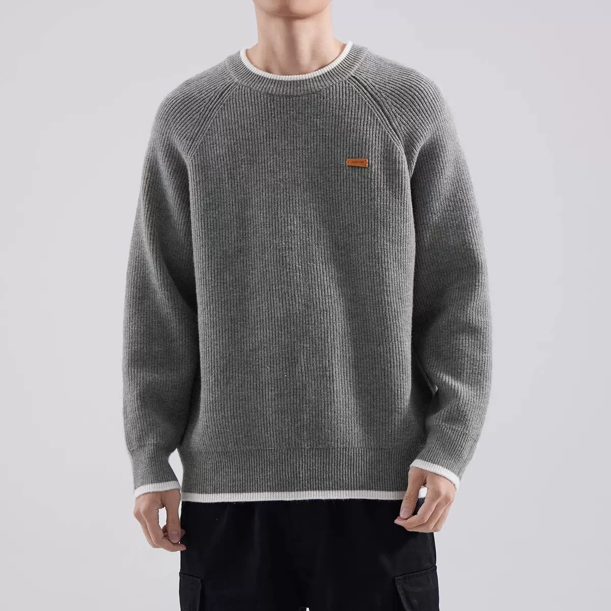 男士秋冬日系简约慵懒风插肩袖针织衫男时尚潮流假两件宽松毛衣