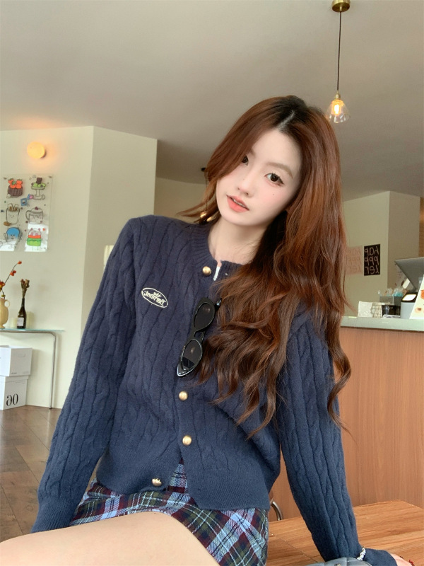 韩系学院风刺绣针织开衫女早秋季慵懒时尚设计感短款毛衣外套上衣|undefined