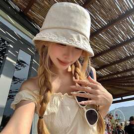春夏新款日系棉麻花朵渔夫帽女立体刺绣蕾丝边盆帽透气薄款太阳帽