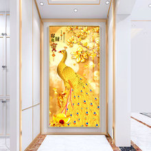 玄关画入户吉祥金玉满堂进门过道走廊壁画客厅背景墙金色孔雀晶瓷