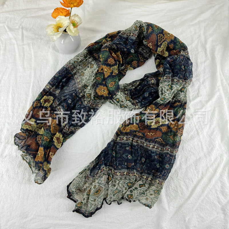 Russian Style Literary Retro Style Ethnic Style Cotton and Linen Scarf Thin Pleated Shawl Multi-Functional and Versatile·