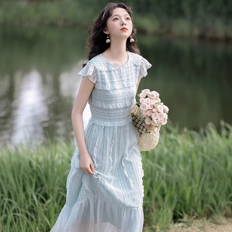 2026 Summer New Women's Dress Light Blue Flutter Sleeves Ruffled Lace Patchwork Waist Slimming Long Dress