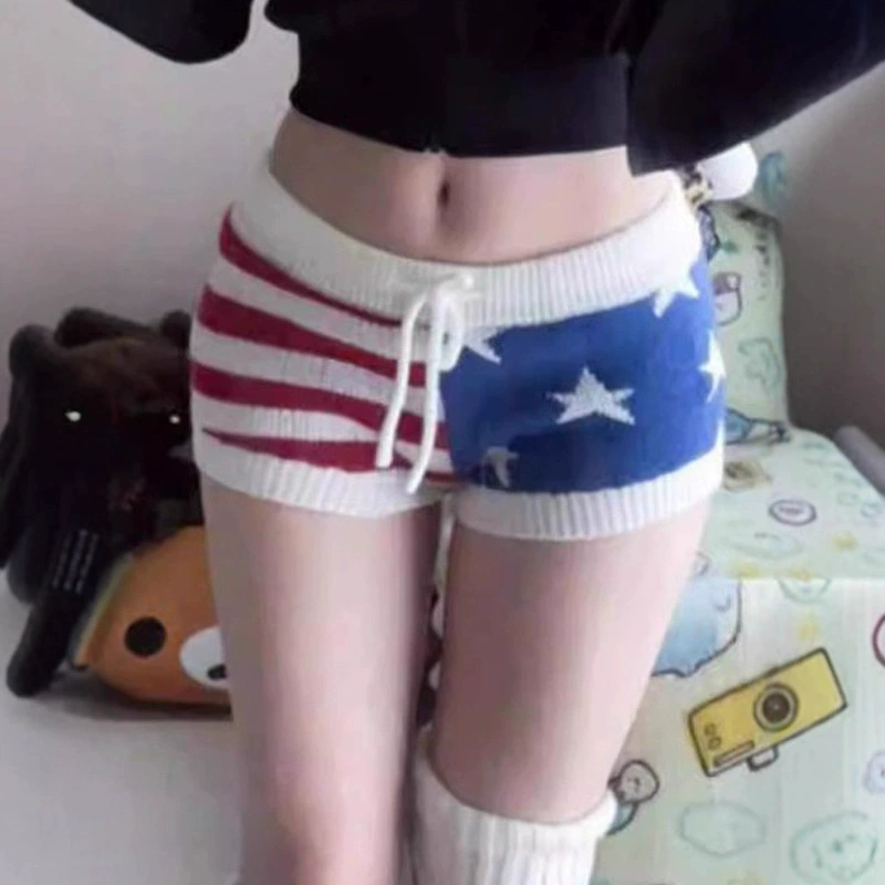 Летние сексуальные вязаные шорты 2025 года, вязаные шорты в стиле y2k с принтом звезд и полос, женские шорты с национальным флагом