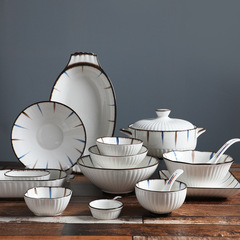 Xu Family Japanese-style ceramic bowl set for home use, creative hand-painted vertical pattern dinner bowl and plate combination set, bowl and chopsticks tableware for wholesale