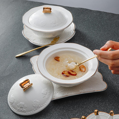 Phnom Penh Bird's Nest Dessert Bowl Ceramic Covered Bowl Sugar Water Tremella Bowl European Style Relief Palace Soup Cup Set
