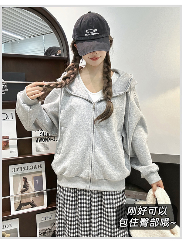 灰色连帽卫衣女春秋季2025新款宽松小个子慵懒风早秋外套开衫上衣|undefined
