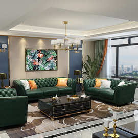 轻奢美式真皮沙发客厅佛山家具网红拉扣墨绿色酒店办公皮艺沙发