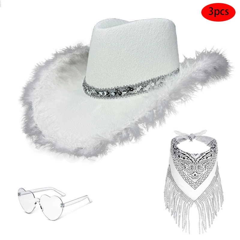 Готовая белая ковбойская шляпа от производителя с приподнятыми краями, очками и квадратным шарфом, маскарадная белая ковбойская шляпа с приподнятыми краями и необработанными краями.