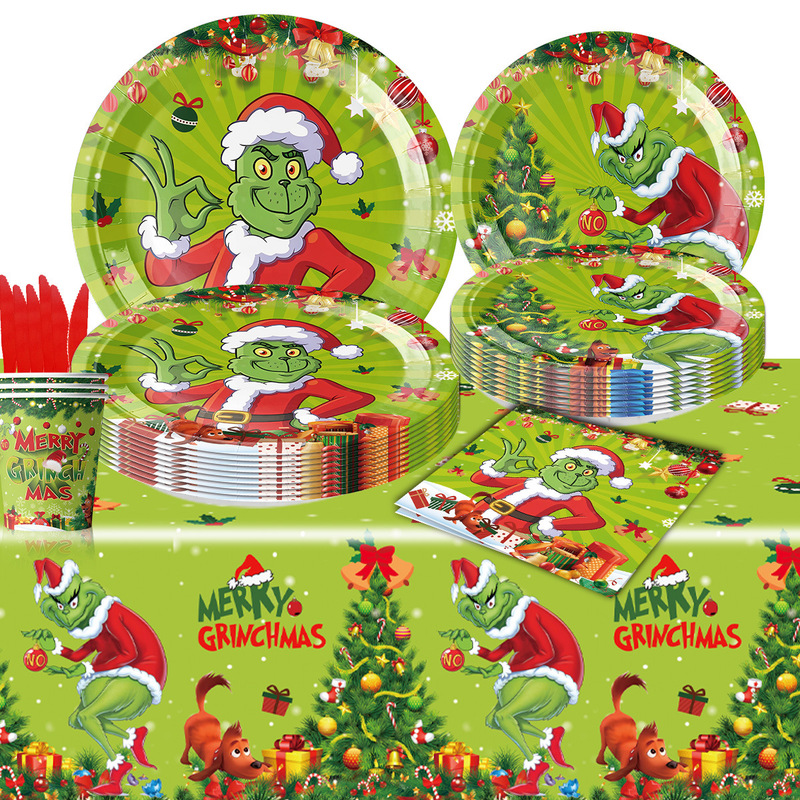 Cross-border Christmas Theme Grinch Party Supplies Tableware Cake Decoration Paper Tray Paper Cup Tissue Arrangement suit