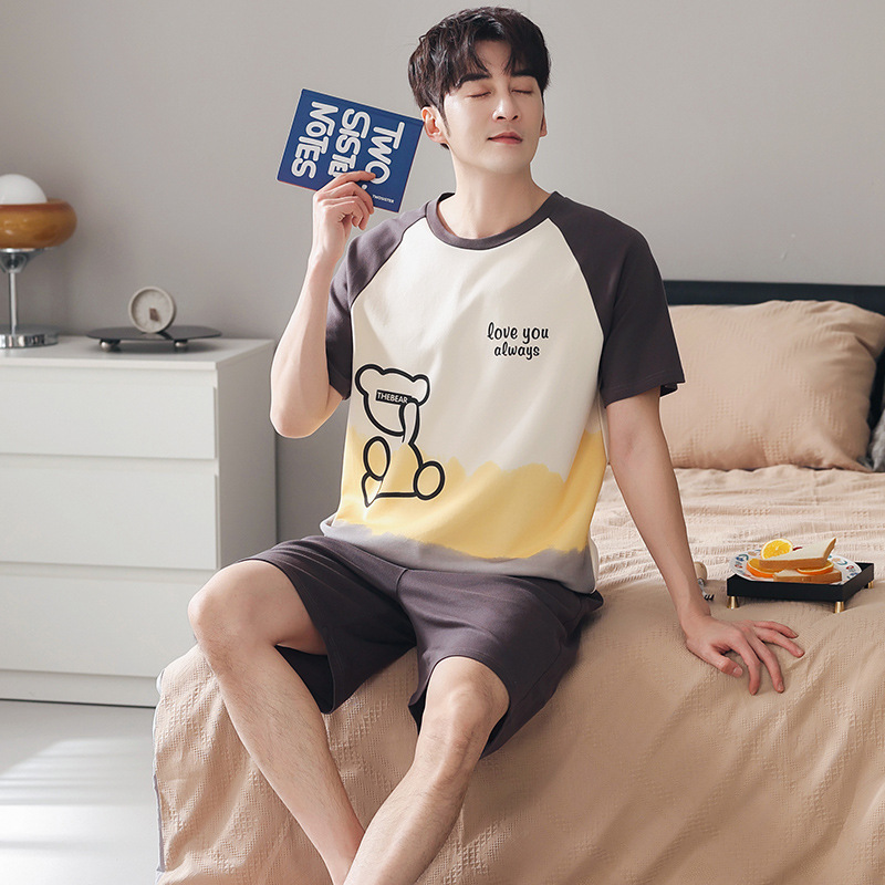 Pareja de pijamas de verano de algodón de manga corta de Internet celebridad oso lindo de dibujos animados nuevo camisón ropa de casa de las mujeres traje de verano