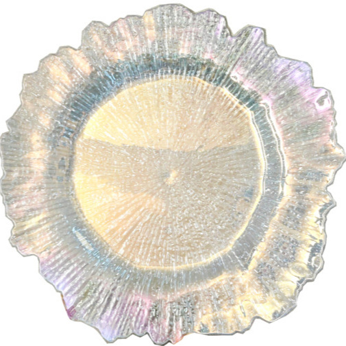 Nuevo diseño de decoración de mesa de boda plástico transparente cargador de borde irregular placa de melamina transparente redonda