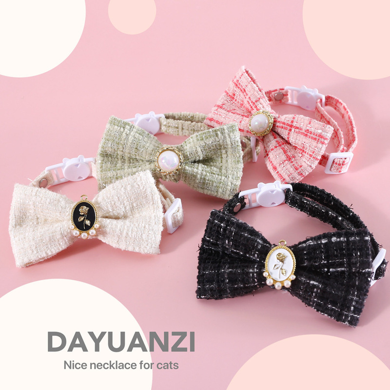 Pet Woven Plaid Retro Pearl Bow Tie Collar Cat Dog Adjustable Anti-choking Princess Birthday Bow