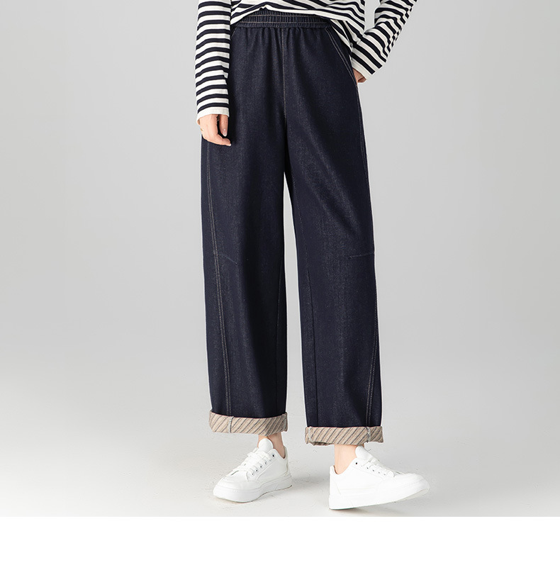 Quần jeans ống thẳng cạp chun dáng rộng suông cho nữ — màu xanh denim chi tiết 3