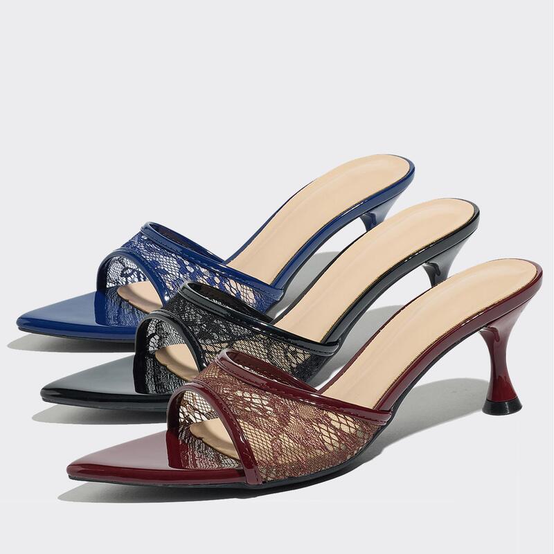 Women's High-Heeled Sandals with Hollow Mesh Lace, Pointed Toe, Comfortable for Night Club Parties, Gift Kitten Heels