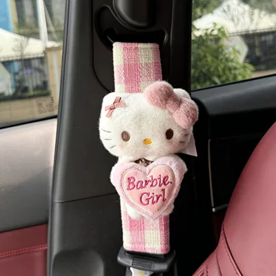 Checkered Heart-Shaped Hello Kitty Cute Car Seatbelt Shoulder Pad Car Decoration Interior Decoration Gift