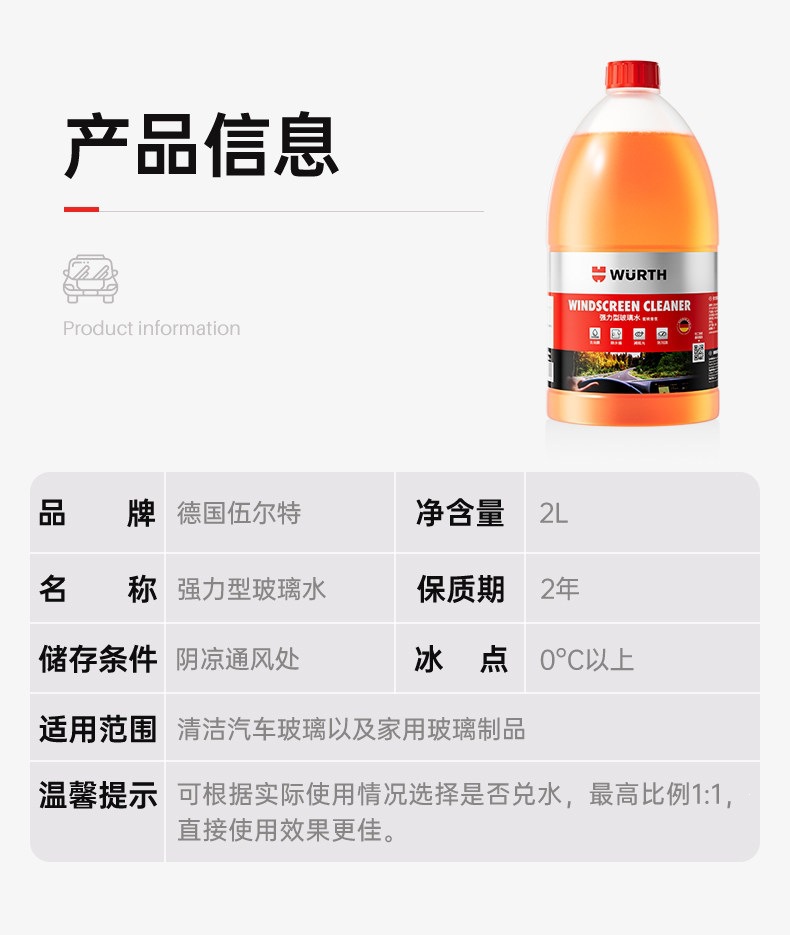 Wurth Auto Glass Cleaner, Powerful Stain and Oil Film Remover, Specialized Wiper Fluid Ethanol Concentrate for Tesla and BMW
