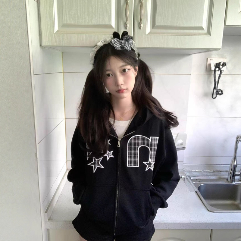 American High Street Letter Print Cardigan Hooded Sweatshirt for Women, New Autumn Style, Loose and Lazy Style Oversize Jacket American High Street Letter Print Cardigan Hooded Sweatshirt for Women, New Autumn Style, Loose and Lazy Style Oversize Jacket
