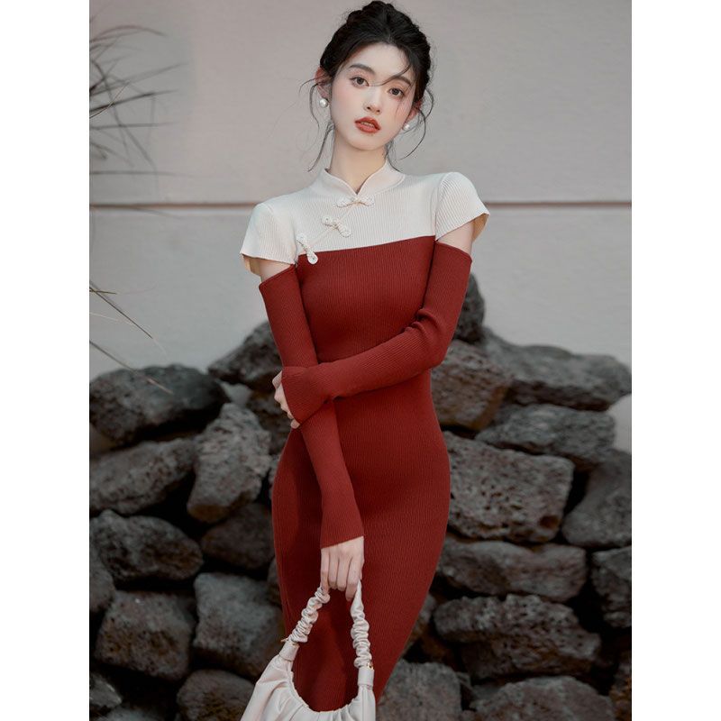 Autumn and Winter new Chinese style retro improved cheongsam knitted dress hip-wrapped elegant dress long skirt