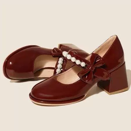 Фея стиль толстые туфли на каблуках женские весенние и осенние новые жемчужные модные туфли Мэри Джейн круглые туфли на высоких каблуках