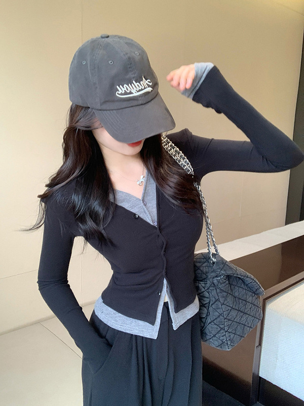 秋季假两件拼接长袖T恤女遮肉修身内搭打底衫温柔风上衣外贸批发|undefined