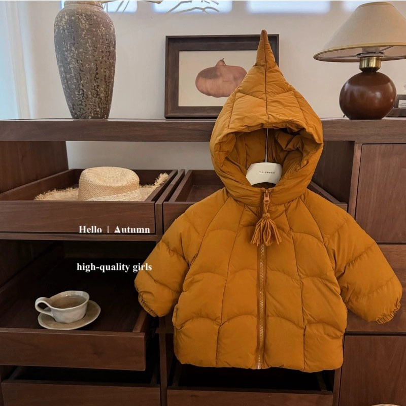 Pumpkin-colored pointed hat thick cotton-padded jacket for girls, new winter style, super cute zippered cotton-padded coat, warm and trendy.