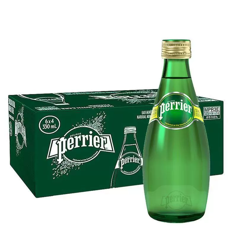 Французская бутилированная вода Perrier, оригинальный вкус, стеклянная бутылка 330 мл, 24 бутылки в коробке.