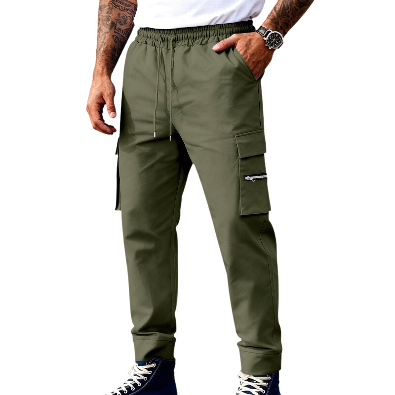 Cross-Border New Men's Outdoor Cargo Pants Loose Sports Casual Multi-Pocket Functional Elastic Drawstring Zipper Long Pants
