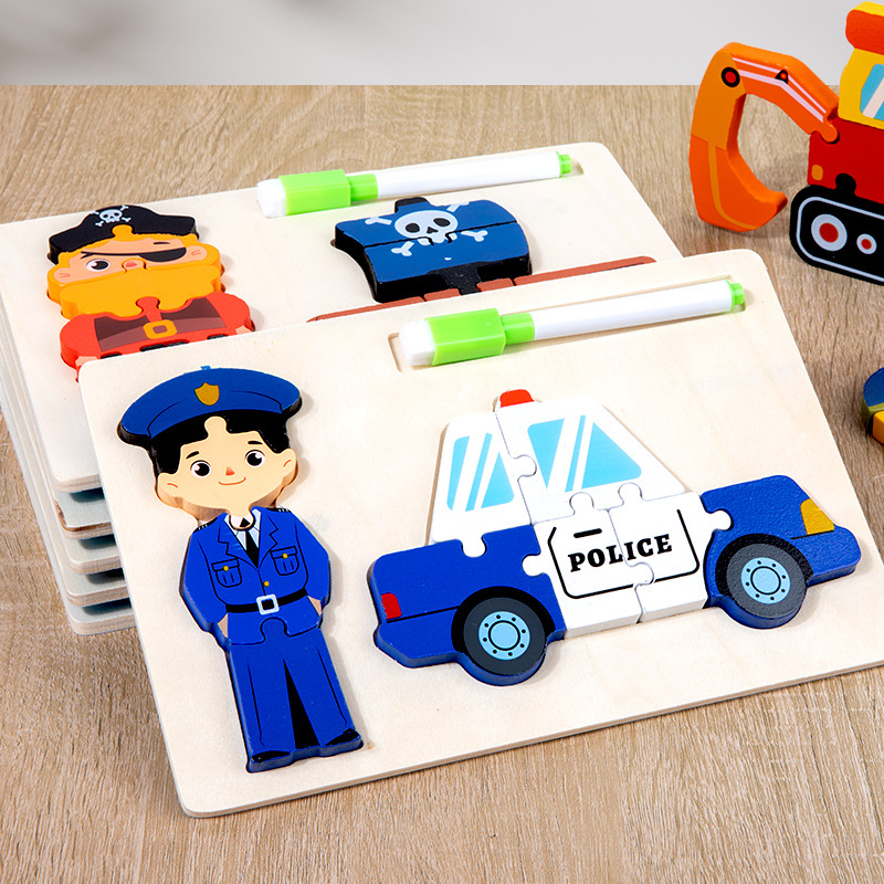 Puzzle infantil de madera 2 - en - 1 personaje cognitivo tridimensional puzzle puzzle juguete de desarrollo intelectual para bebés