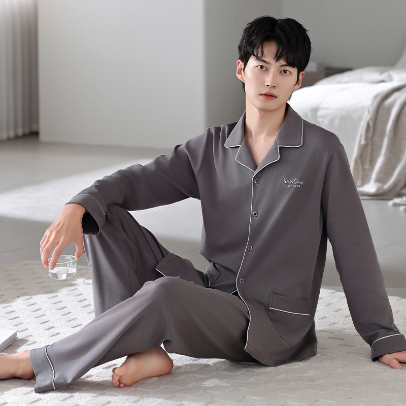ZHUOJIA 잠옷 남성 봄, 가을 순면 긴팔 옷깃 가디건 홈웨어 남성 단순 면화 정장 청소년