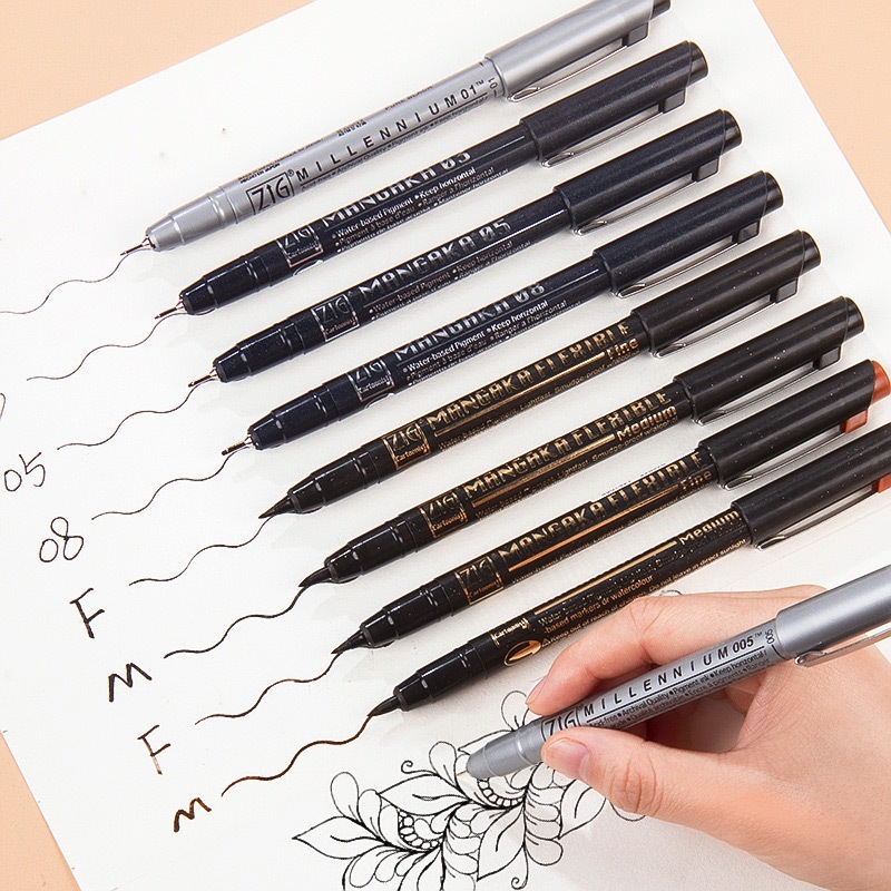 Japanese Kuretake needle-point pen, brown colored student drawing pen, black tip architectural outlining pen, waterproof sketch pen