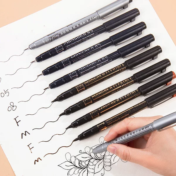 Japanese Kuretake needle-point pen, brown colored student drawing pen, black tip architectural outlining pen, waterproof sketch pen