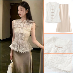 新しい中国風の重刺繍ボタンデザインベスト無地ハーフスカート夏の新しい国民風スーツ女性 N5015