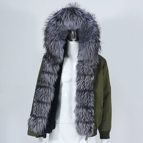 Military green shell + silver fox + black artificial fur liner