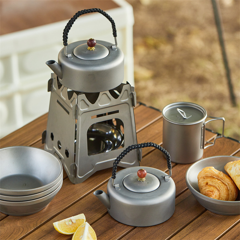 Titanio puro ceremonia del té olla plana tetera hirviendo con colador de viaje portátil al aire libre hervidor juego de té