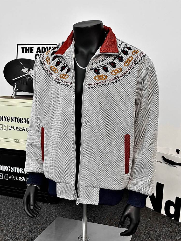 Embroidered Contrasting Design, Stand Up Collar Jacket, Fel Island Knit Sweater, Cardigan Jacket, Top_voghion.com